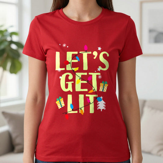 Let’s Get Lit Christmas T-Shirt in Red, worn, our photo