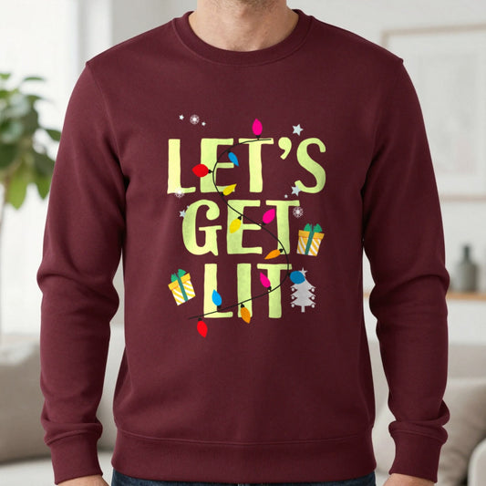 Let's Get Lit Christmas Sweatshirt in Maroon, worn, our photo