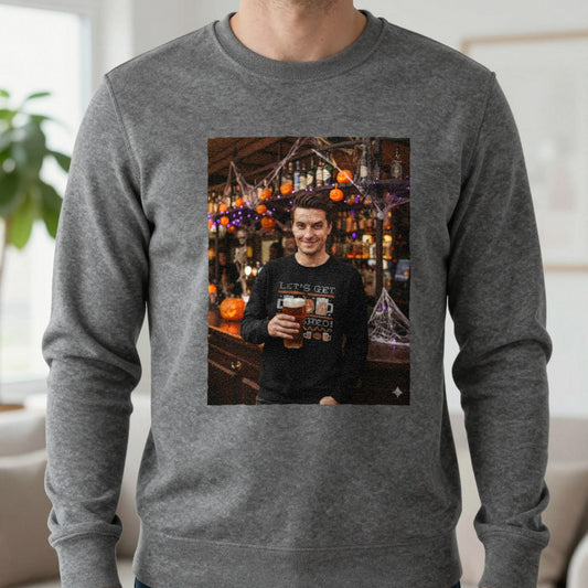 Let's Get Smashed Halloween Sweatshirt in Dark Heather, worn, our photo