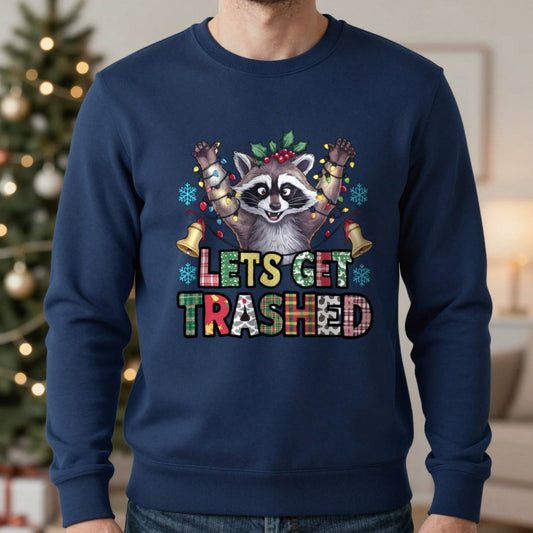 Let’s Get Trashed Raccoon Christmas Sweatshirt worn, lifestyle photo