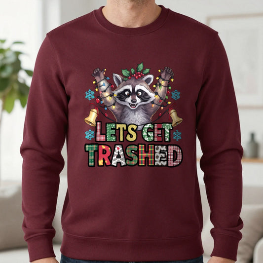 Let’s Get Trashed Raccoon Christmas Sweatshirt in Maroon, worn, our photo