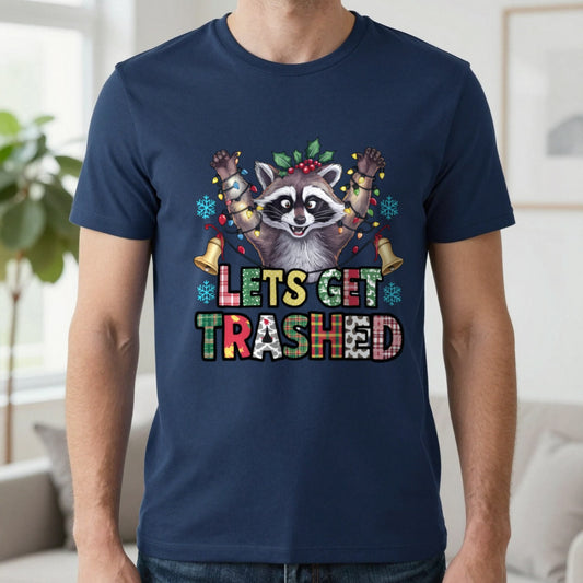 Let's Get Trashed Raccoon Christmas T-Shirt in Navy, worn, our photo