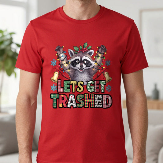 Let's Get Trashed Raccoon Christmas T-Shirt in Red, worn, our photo