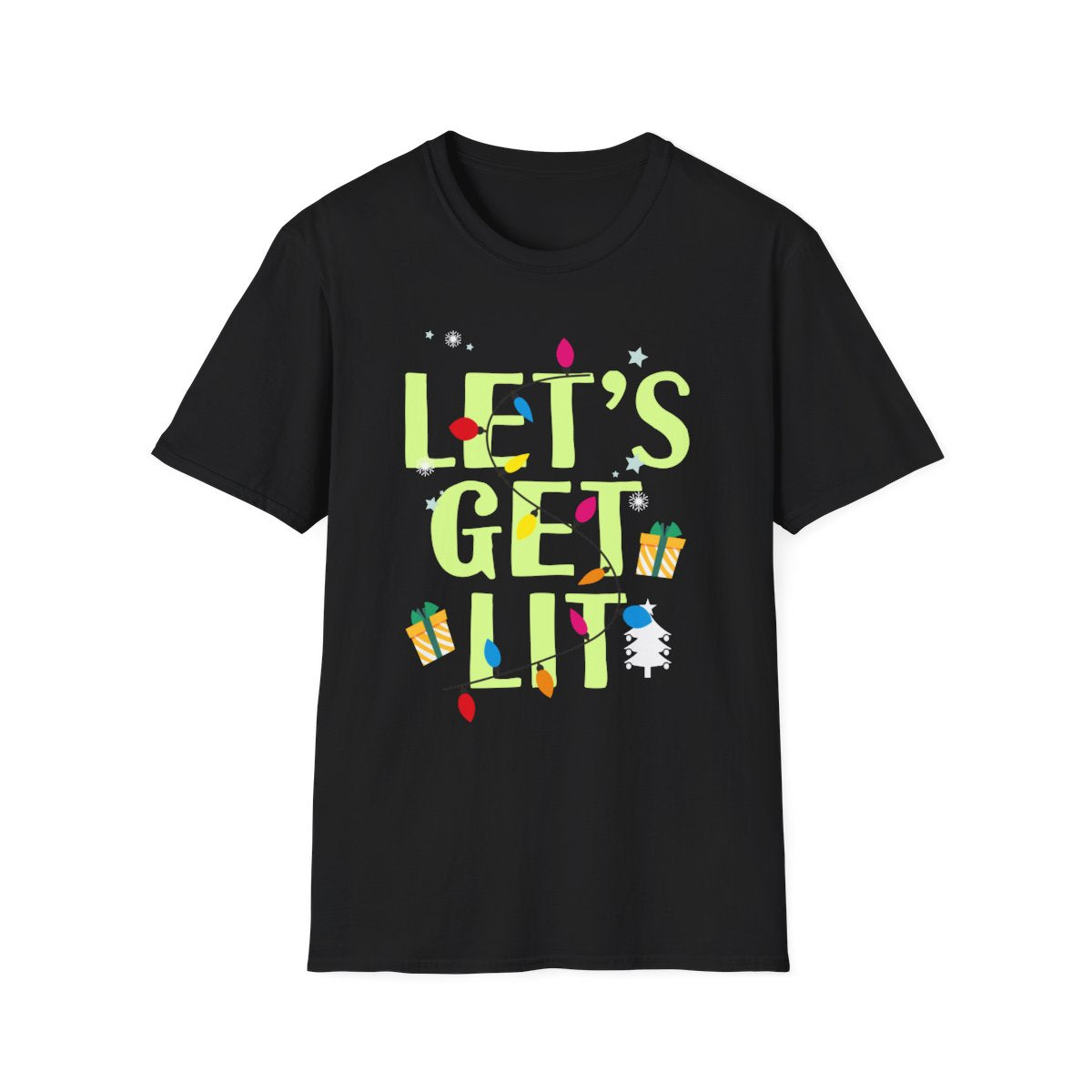 navy t-shirt with let's get lit christmas slogan design