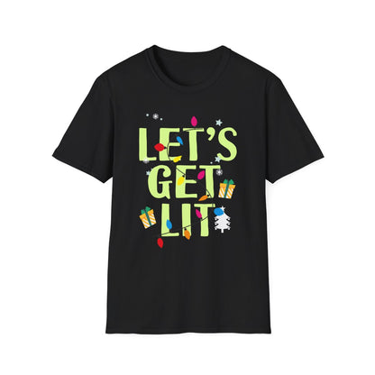 navy t-shirt with let's get lit christmas slogan design