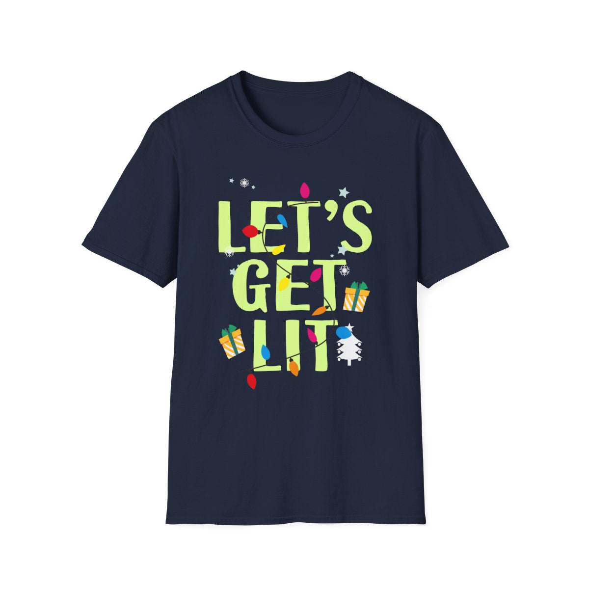 royal blue t-shirt with let's get lit festive design