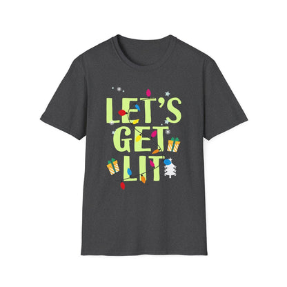 red t-shirt with playful let's get lit holiday graphic