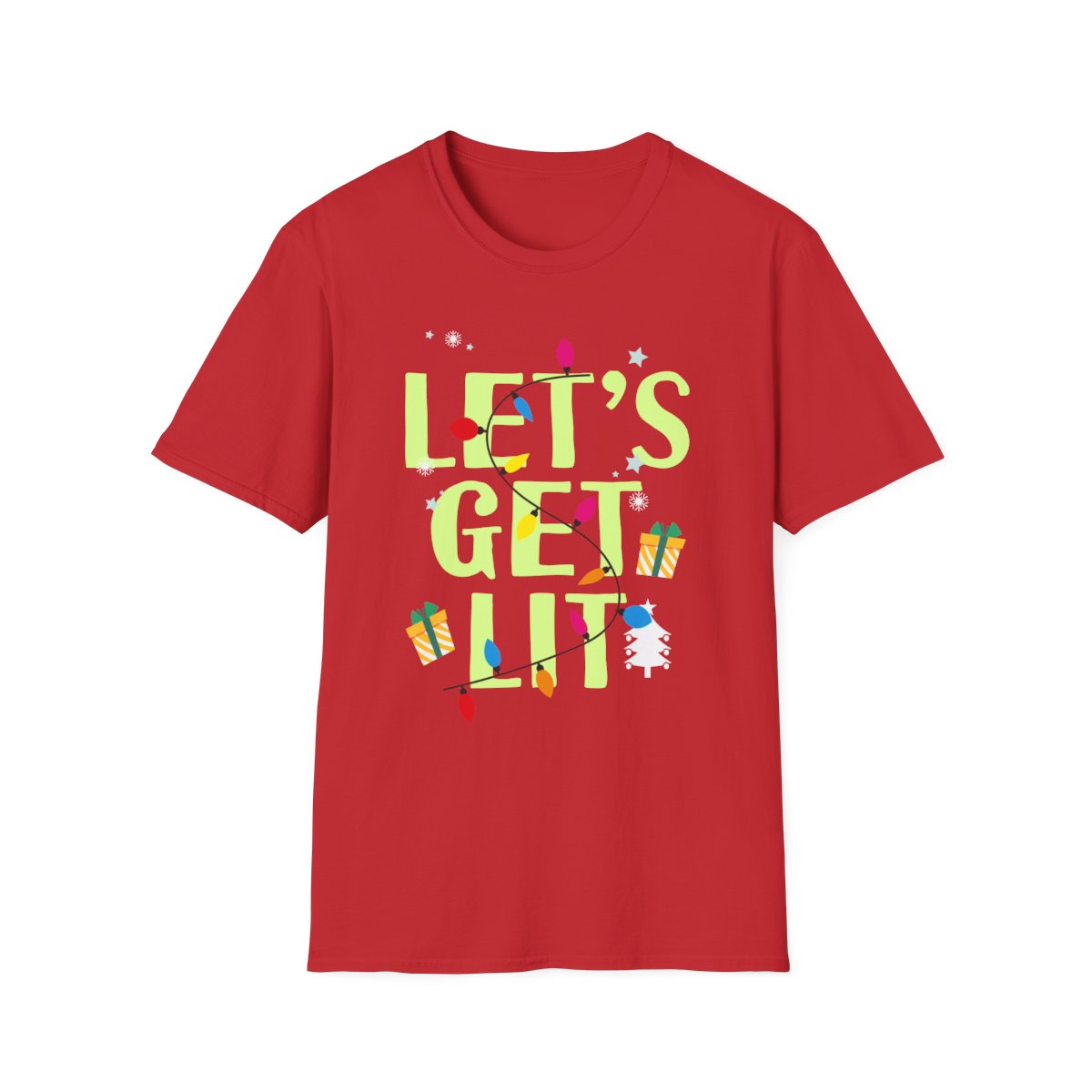 dark heather t-shirt with let's get lit christmas slogan
