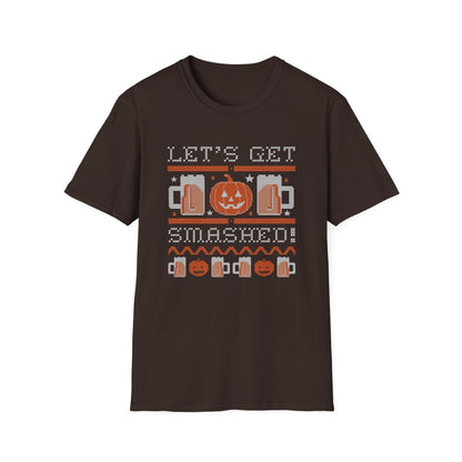 navy blue t-shirt with let's get smashed halloween beer design