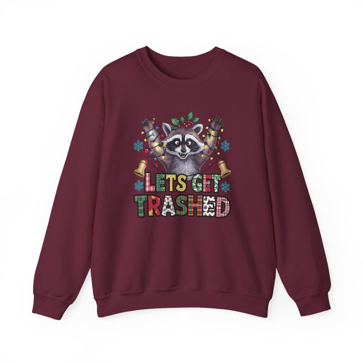 maroon sweatshirt with let's get trashed raccoon funny Christmas design