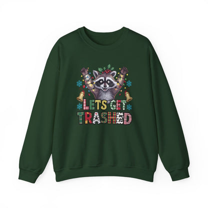 forest green sweatshirt with let's get trashed raccoon festive design detail