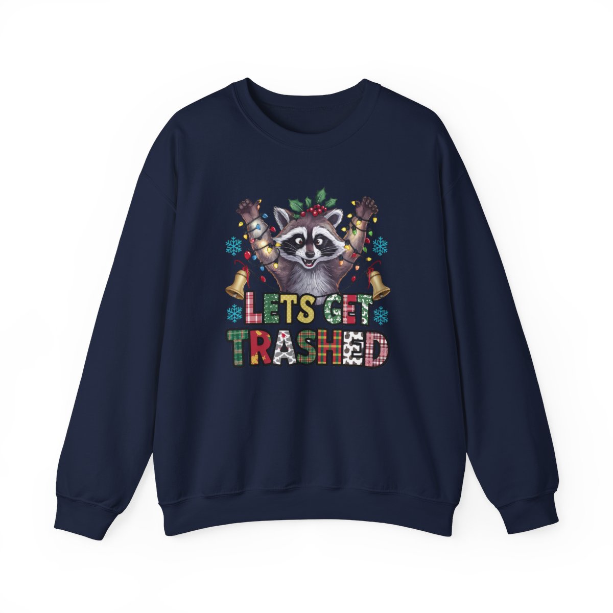 black sweatshirt with funny dumpster raccoon Christmas holiday print