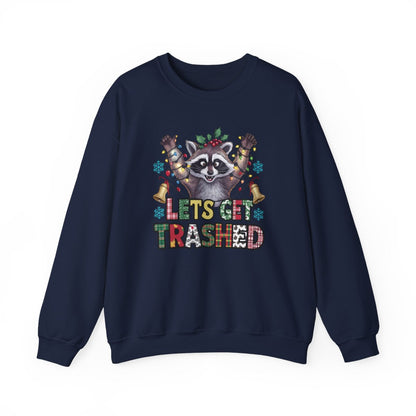 black sweatshirt with funny dumpster raccoon Christmas holiday print