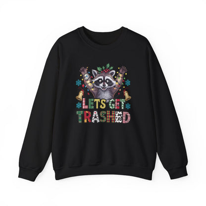 navy sweatshirt with trashed raccoon holding beer bottle Christmas graphic