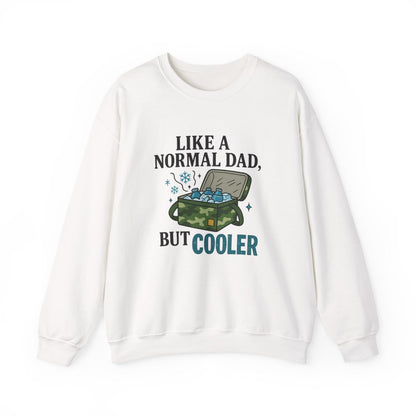 white sweatshirt with like a normal dad but cooler text design