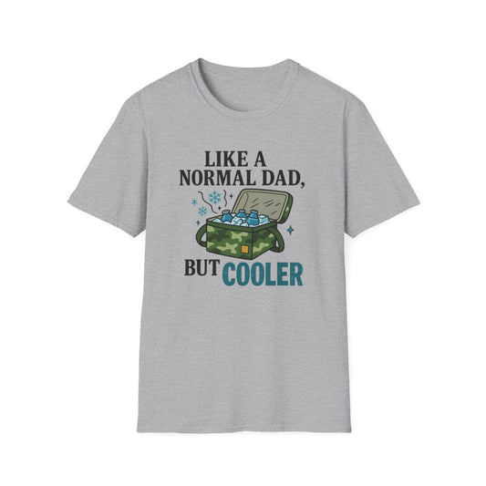 light blue t-shirt with like a normal dad but cooler slogan design
