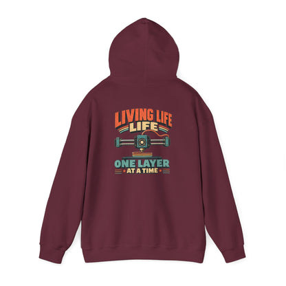 maroon hoodie with living life one layer at a time vintage 3D printing design