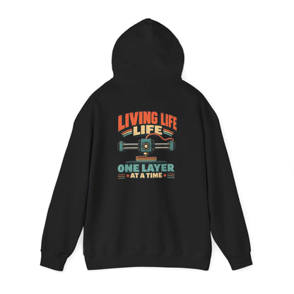 black hoodie with living life one layer at a time vintage 3D printing design