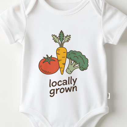Locally Grown baby grow print close-up