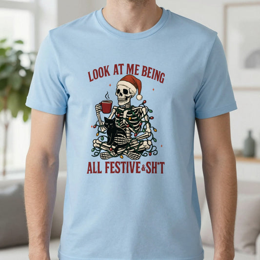 Look at Me Being All Festive Christmas T-Shirt in Light Blue, worn, our photo