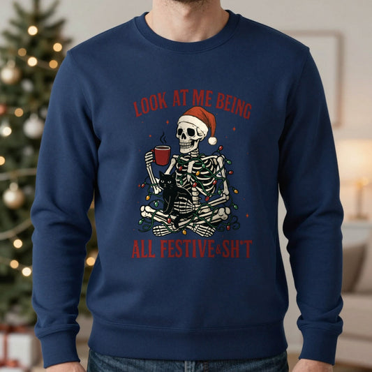 Festive Skeleton Christmas Sweatshirt worn, lifestyle photo