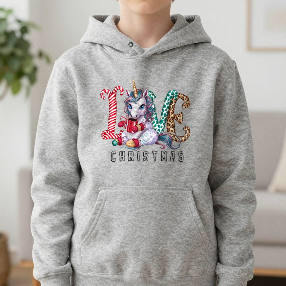 Love Christmas Unicorn Kids Hoodie in Sport Grey, worn, our photo