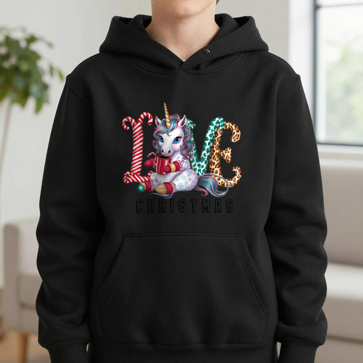 Love Christmas Unicorn Kids Hoodie in Black, worn, our photo