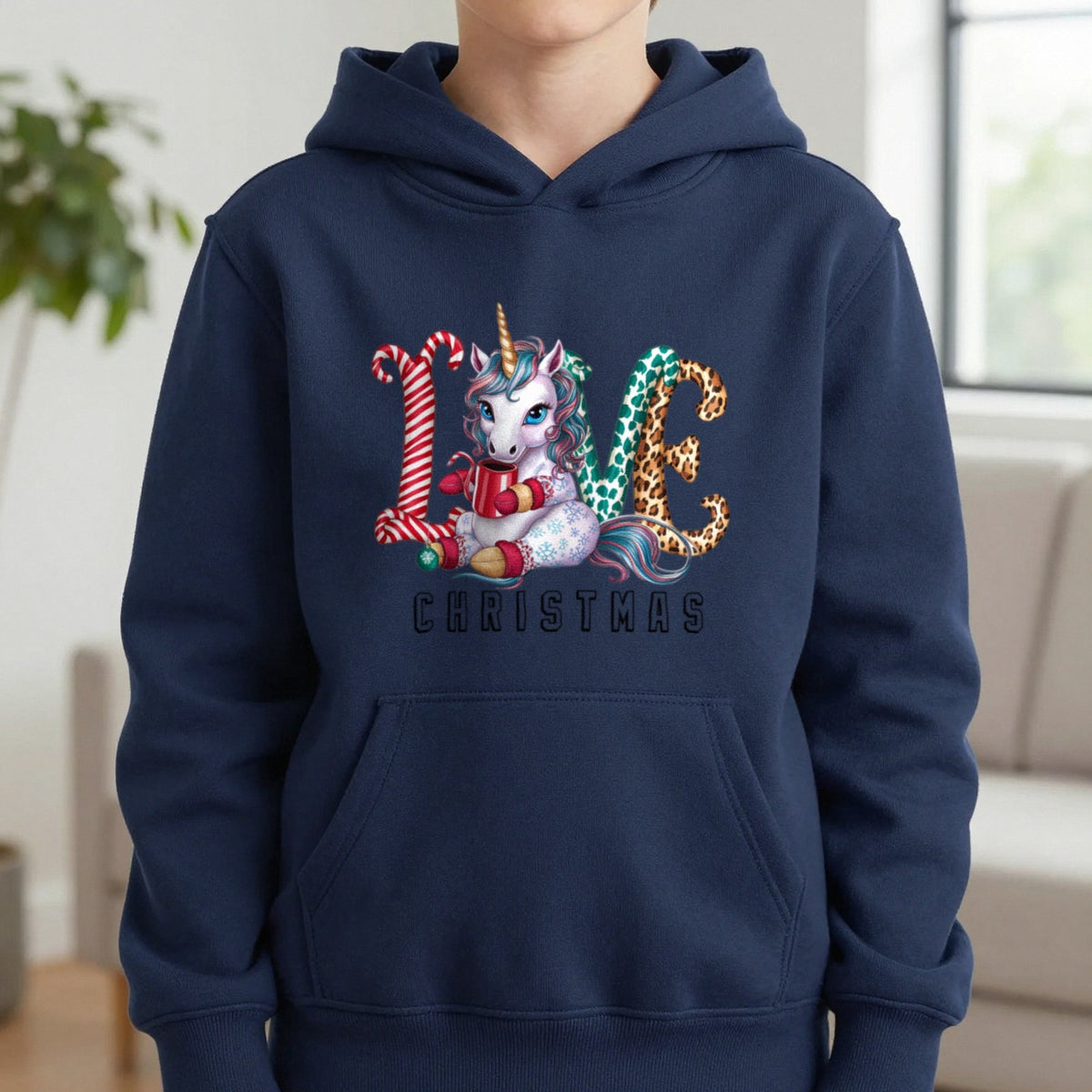 Love Christmas Unicorn Kids Hoodie in Navy, worn, our photo