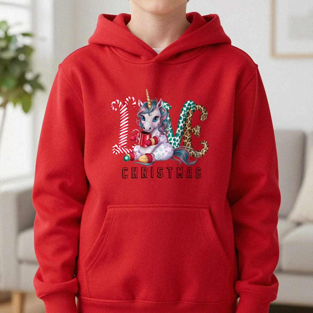 Love Christmas Unicorn Kids Hoodie in Red, worn, our photo