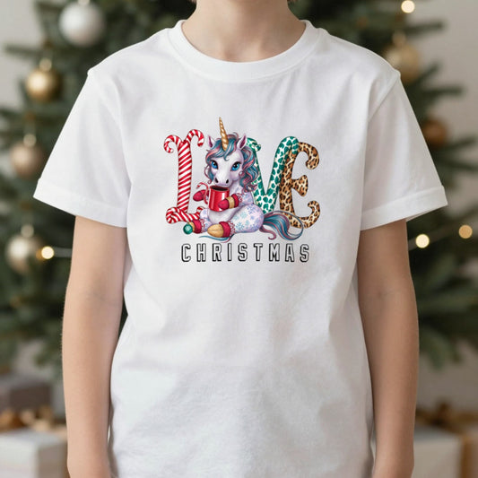 Love Christmas Unicorn Kids T-Shirt in White, worn, our photo