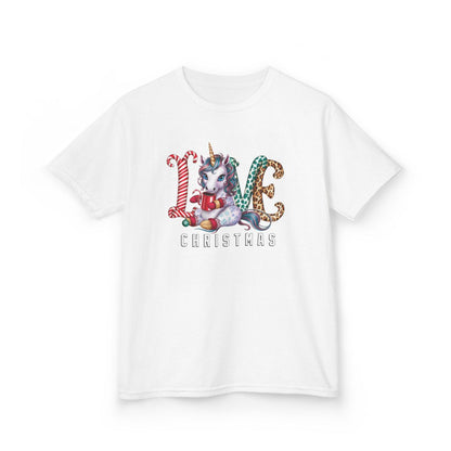 light blue kids t-shirt with magical unicorn and santa hat christmas graphic