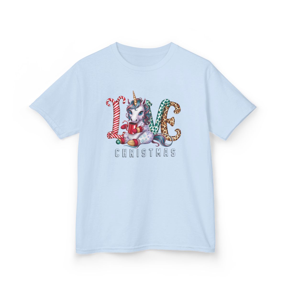light pink kids t-shirt with festive unicorn christmas print