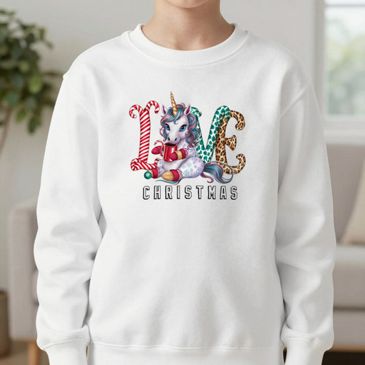 Love Christmas Unicorn Youth Sweatshirt in White, worn, our photo