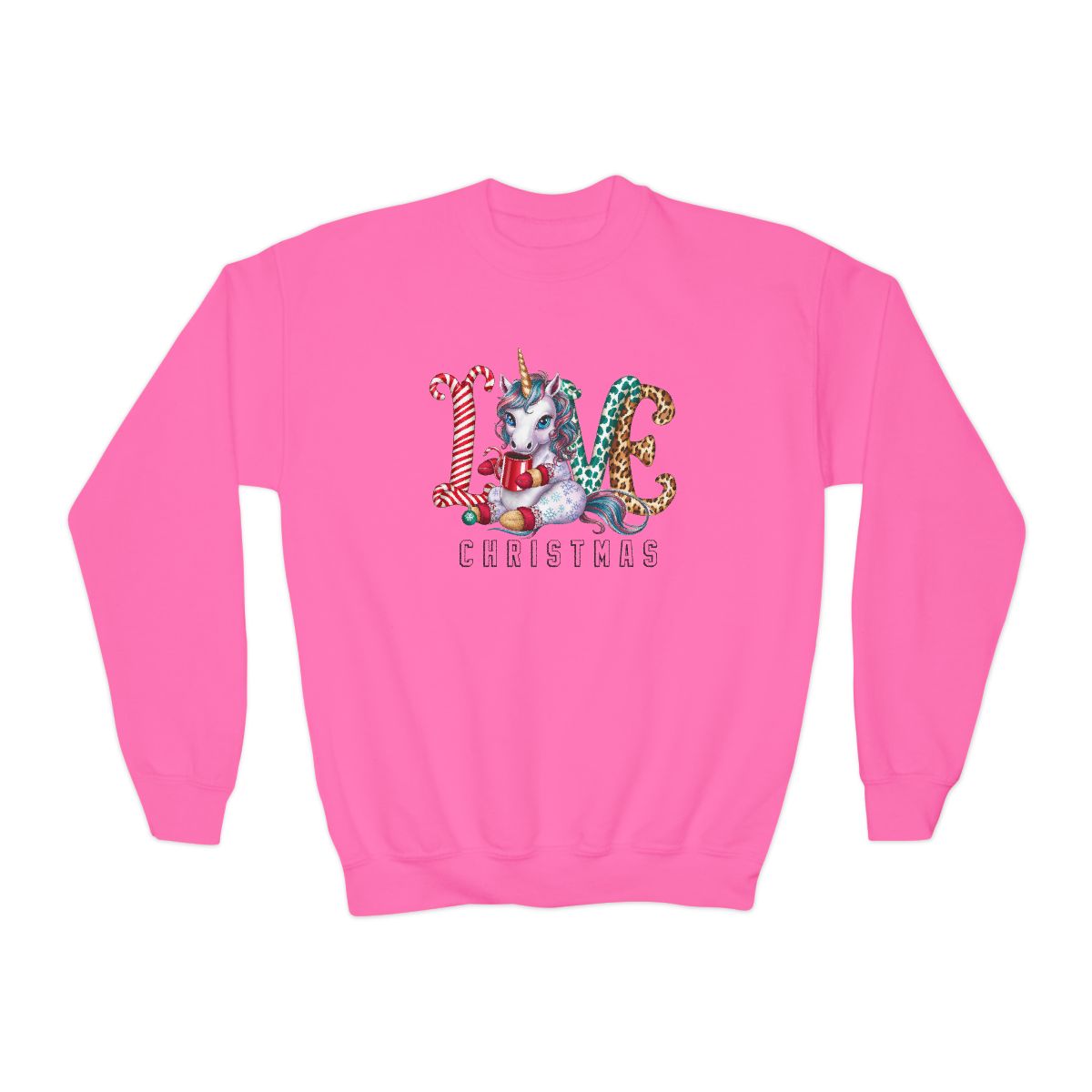 safety pink youth sweatshirt with cute unicorn and holiday print for children