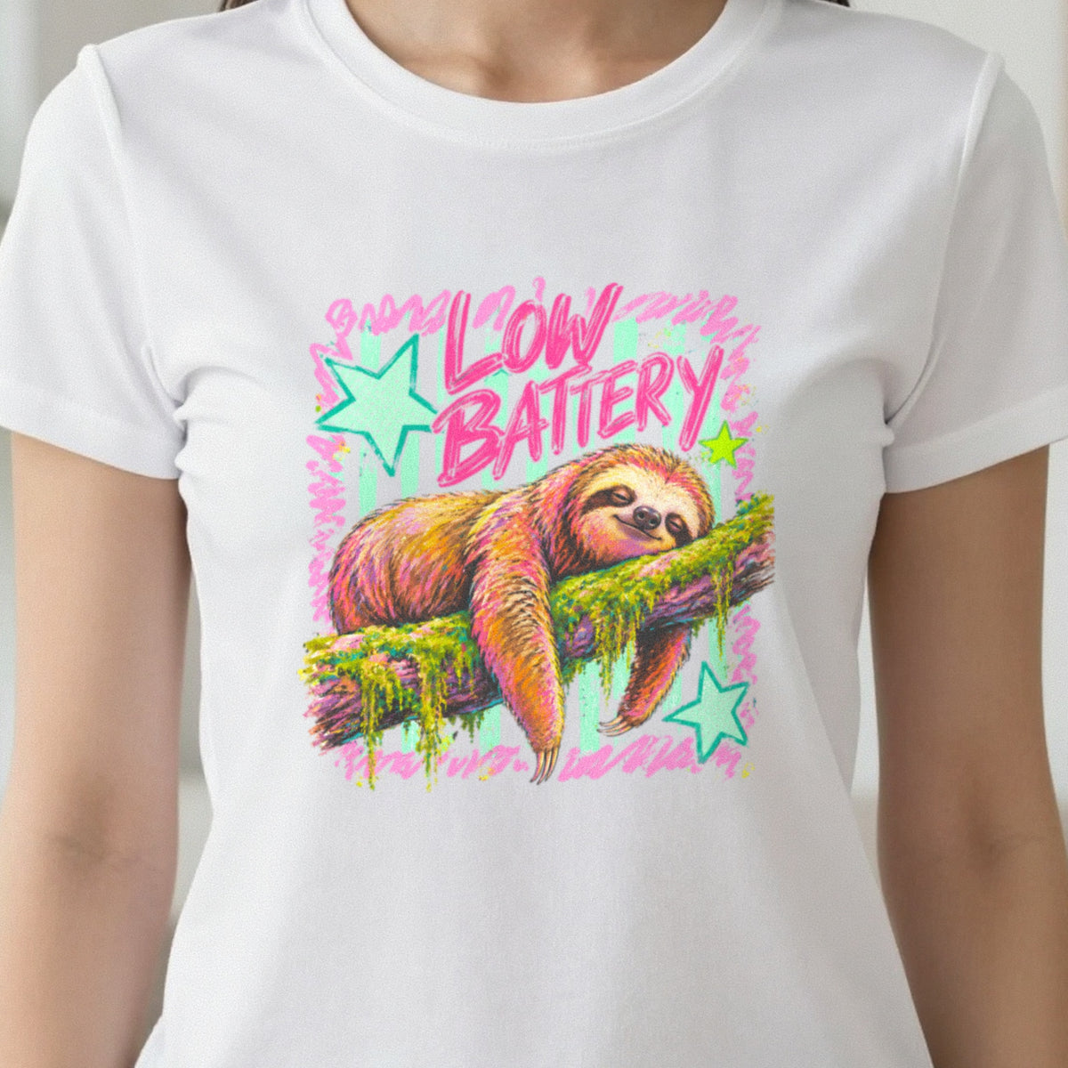 Low Battery Sloth T-Shirt & Sweatshirt close-up