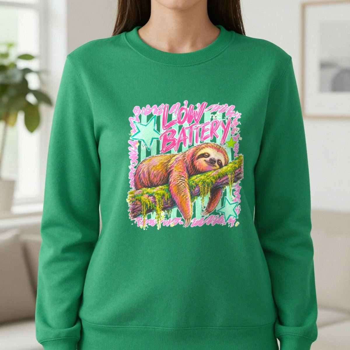 Low Battery Sloth T-Shirt & Sweatshirt in Irish Green, worn, our photo
