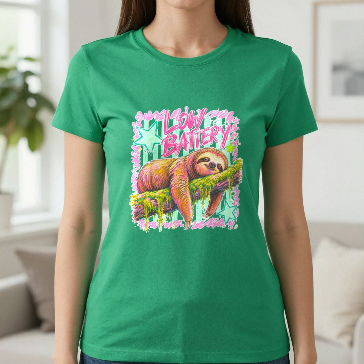 Low Battery Sloth T-Shirt & Sweatshirt in Irish Green, worn, our photo