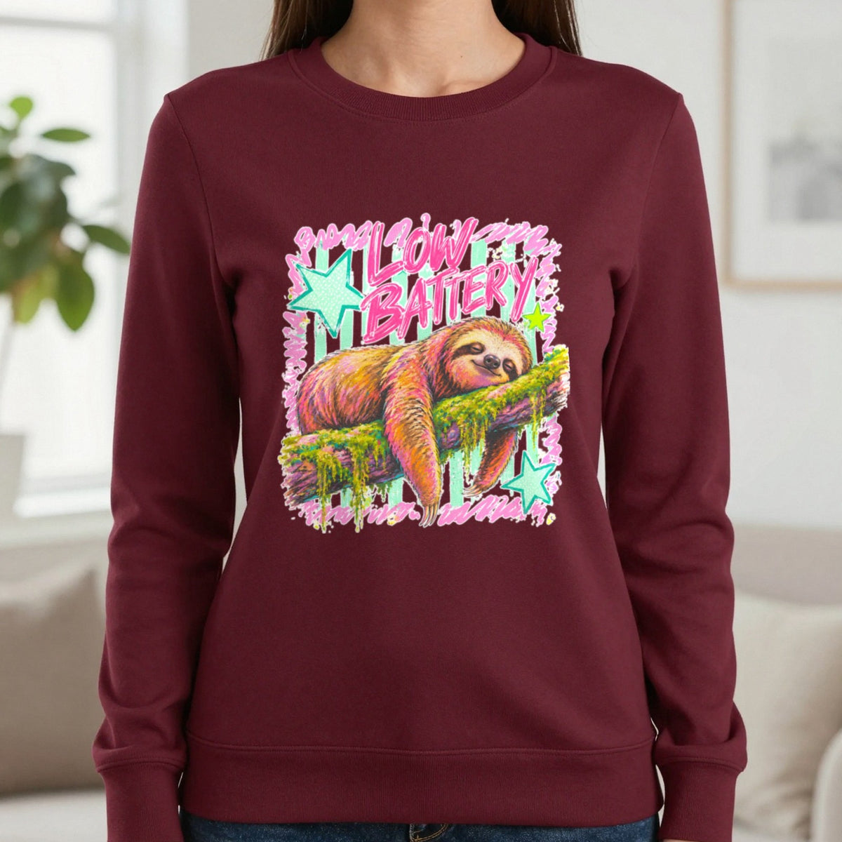 Low Battery Sloth T-Shirt & Sweatshirt in Maroon, worn, our photo