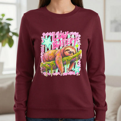 Low Battery Sloth T-Shirt & Sweatshirt in Maroon, worn, our photo