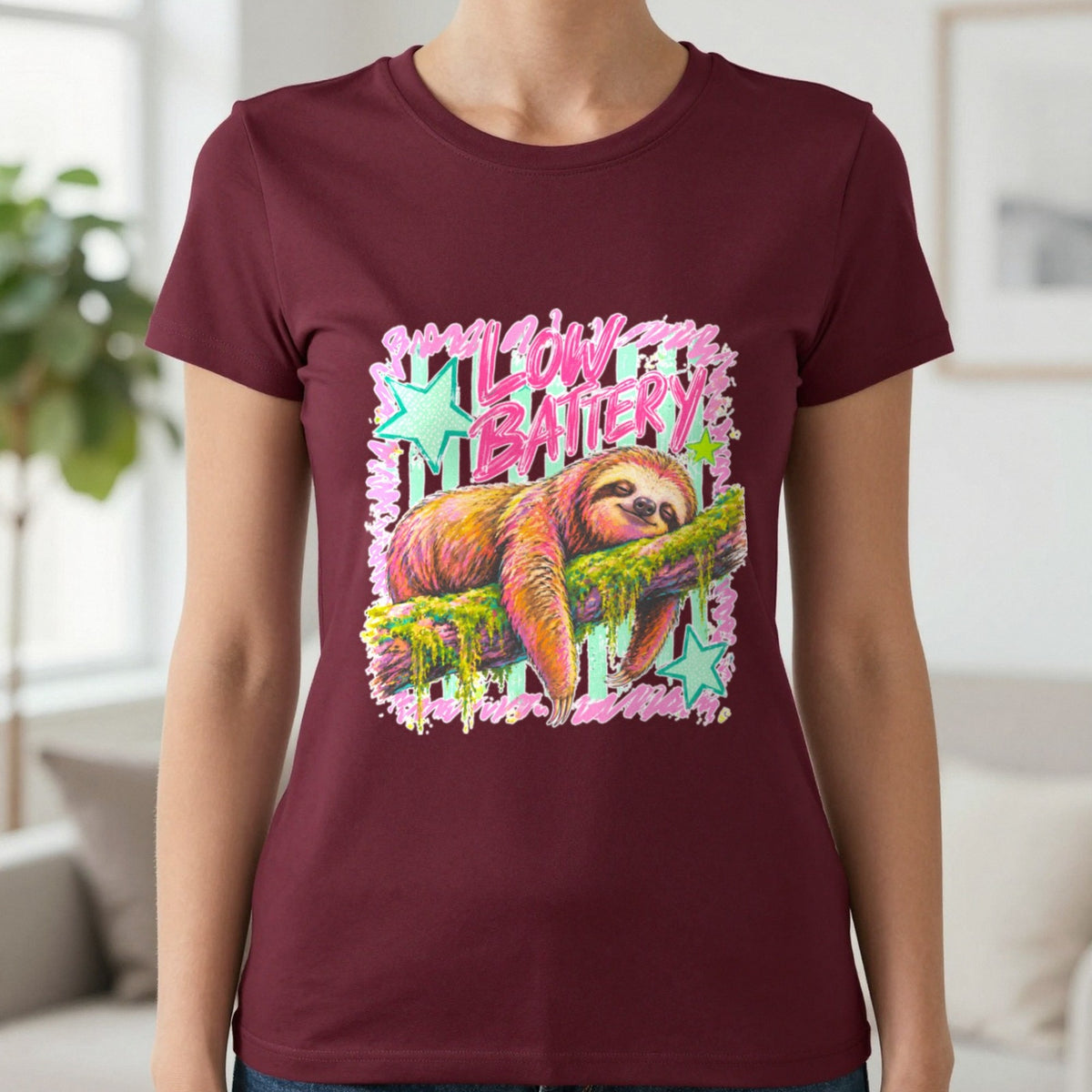 Low Battery Sloth T-Shirt & Sweatshirt in Maroon, worn, our photo