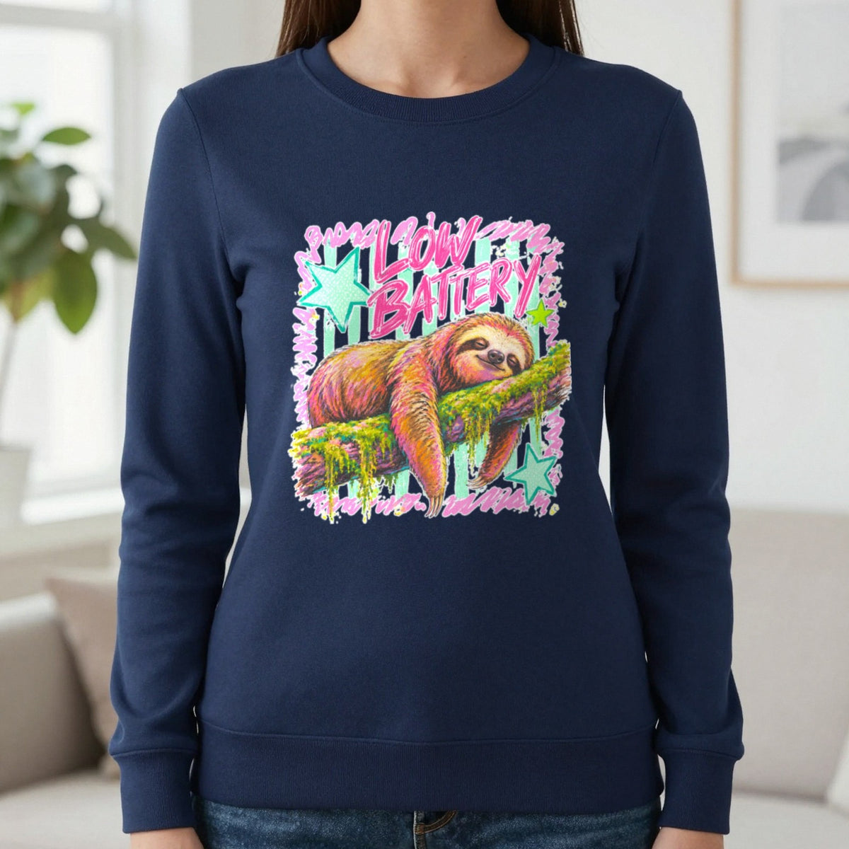 Low Battery Sloth T-Shirt & Sweatshirt in Navy, worn, our photo