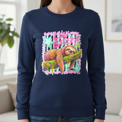 Low Battery Sloth T-Shirt & Sweatshirt in Navy, worn, our photo