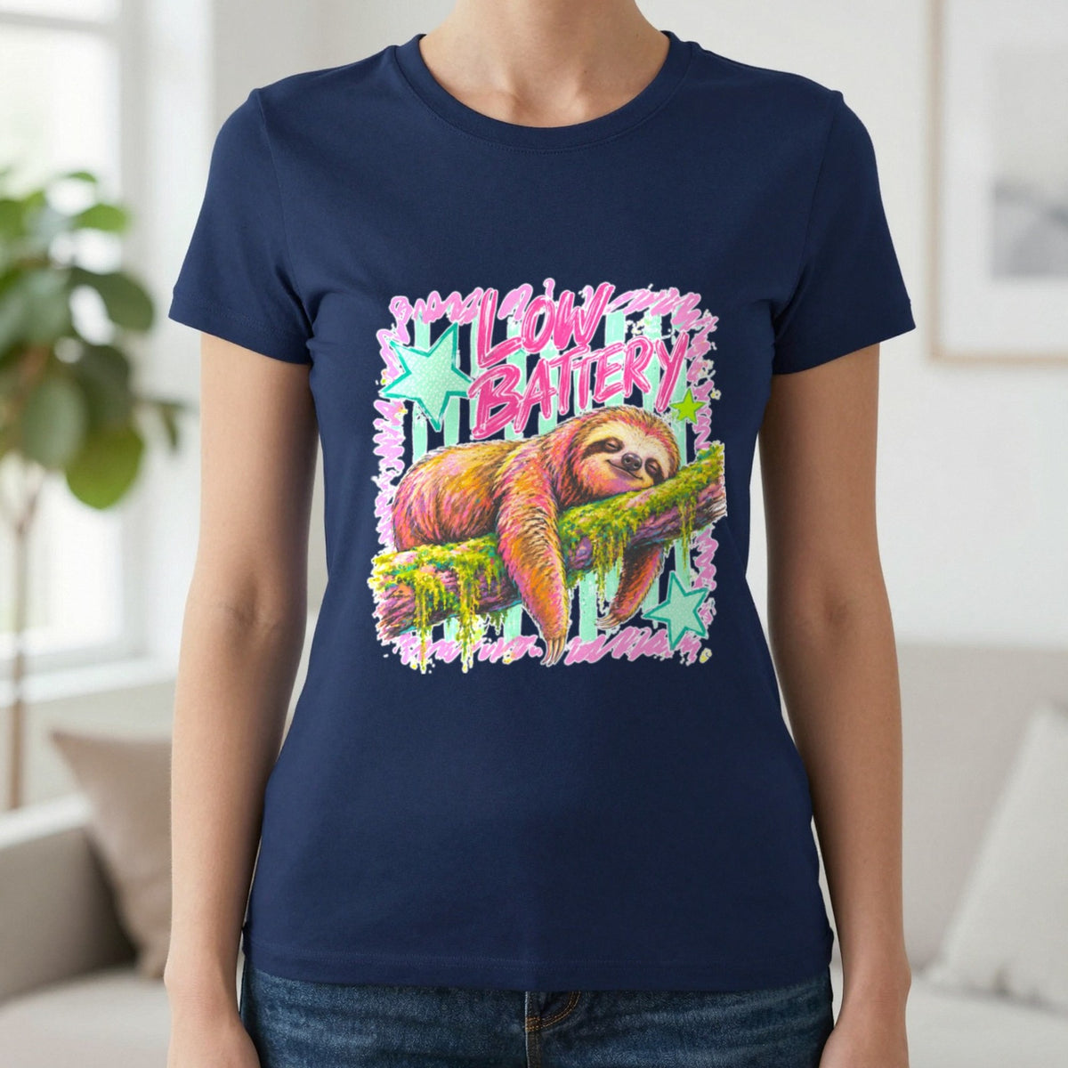 Low Battery Sloth T-Shirt & Sweatshirt in Navy, worn, our photo