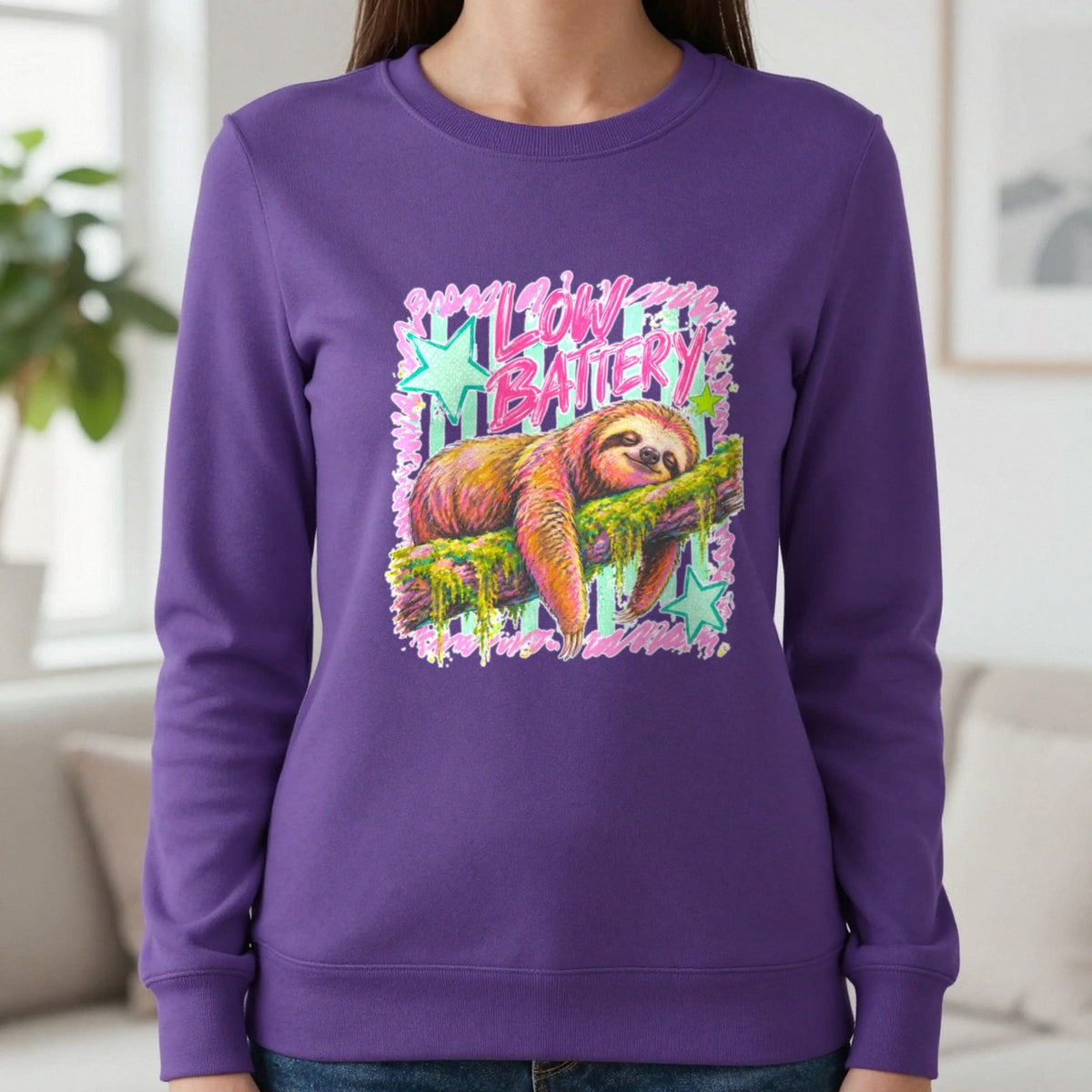 Low Battery Sloth T-Shirt & Sweatshirt in Purple, worn, our photo
