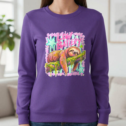 Low Battery Sloth T-Shirt & Sweatshirt in Purple, worn, our photo