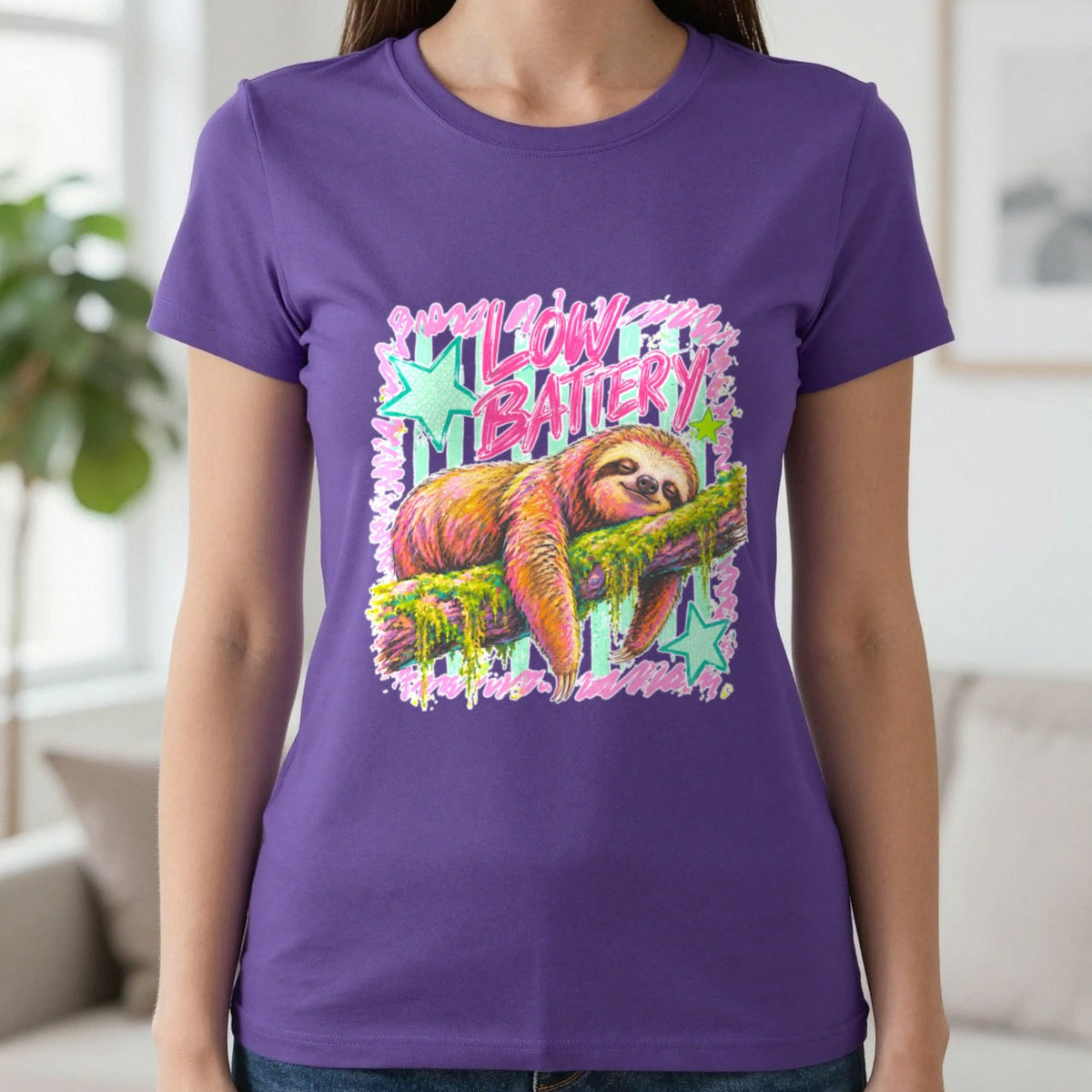 Low Battery Sloth T-Shirt & Sweatshirt in Purple, worn, our photo