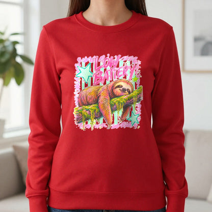 Low Battery Sloth T-Shirt & Sweatshirt in Red, worn, our photo