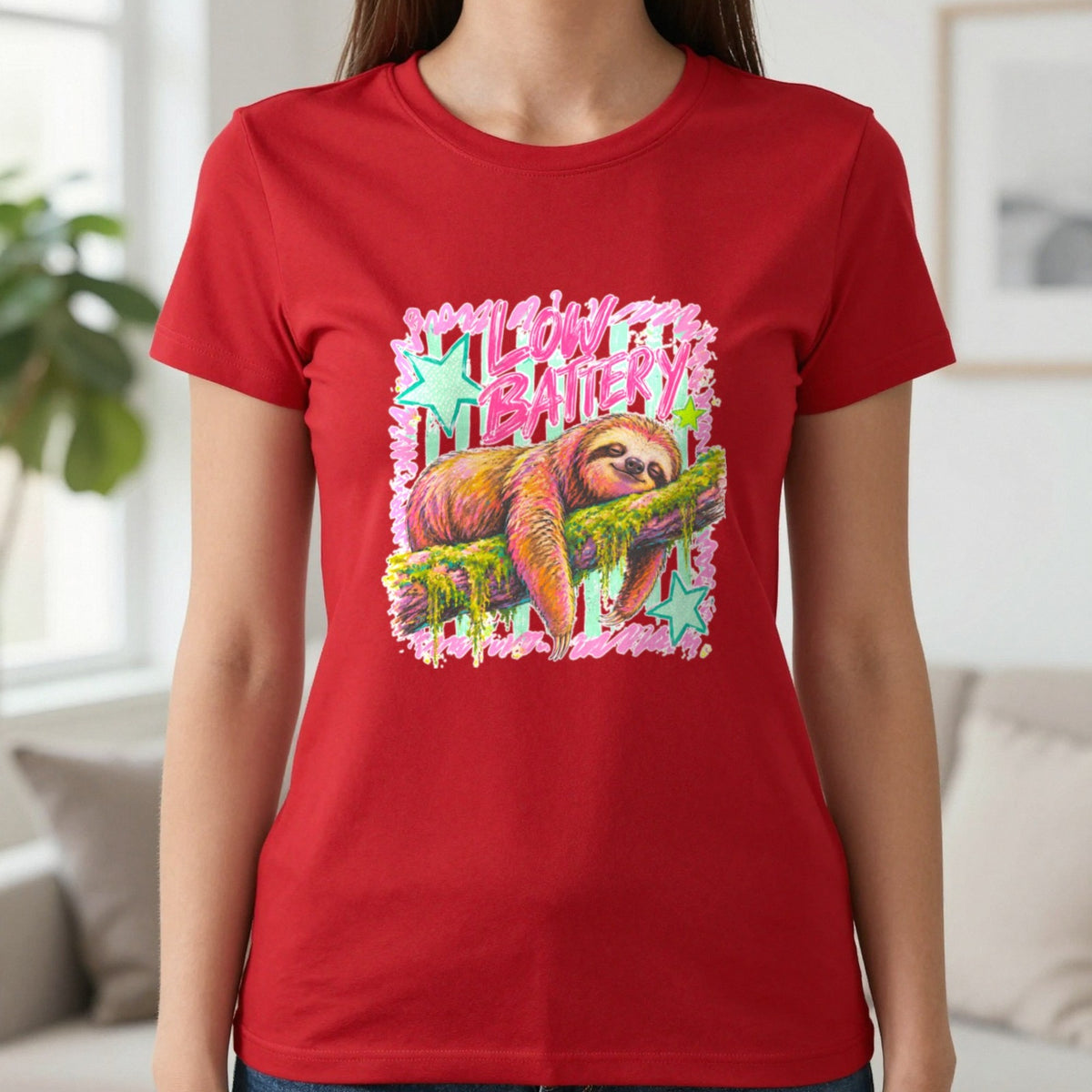 Low Battery Sloth T-Shirt & Sweatshirt in Red, worn, our photo