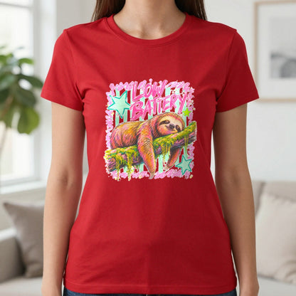 Low Battery Sloth T-Shirt & Sweatshirt in Red, worn, our photo
