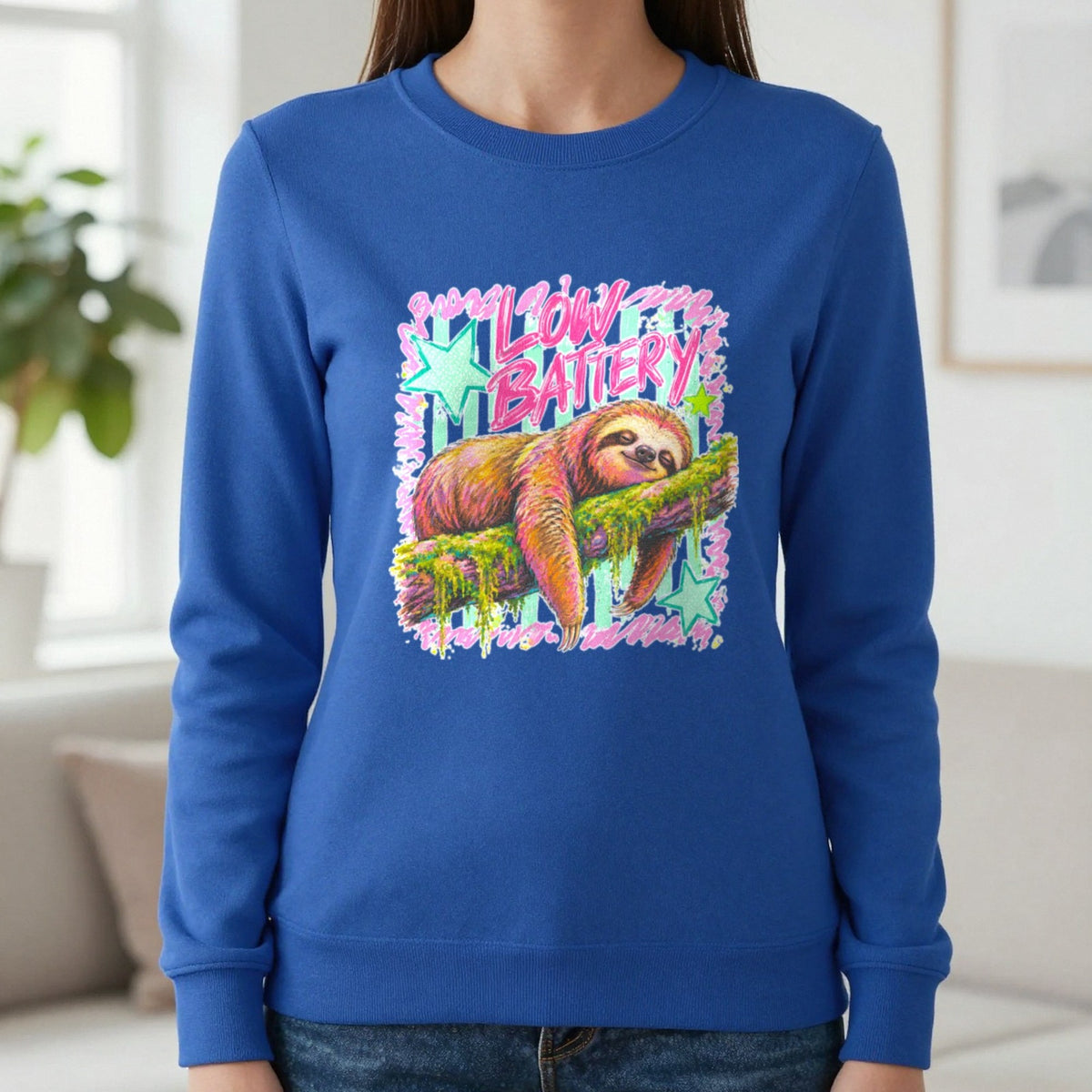 Low Battery Sloth T-Shirt & Sweatshirt in Royal, worn, our photo